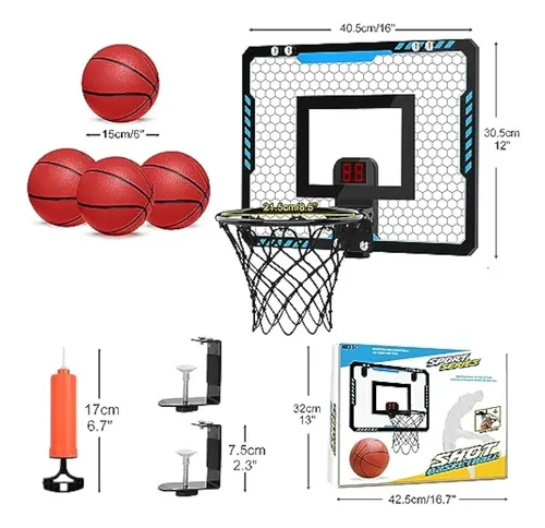 Mini Aro De Baloncesto Para Puerta Con Ventosa – Set De 4 Piezas Con 2 Pelotas Y Bomba | Ideal Para Escritorio Y Juegos En Interiores | Regalo Para Niños Y Adultos