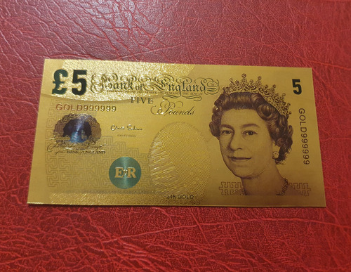 Billete Coleccionable Inglaterra 5 Libras Detalles Color Oro