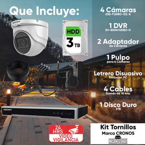 Epcom Kit De 4 Camaras De Seguridad Metalicas Con Microfono Domo 5mp Protección Ip67 Para Uso Exterior + Dvr 4ch Turbohd Con Detección De Movimiento Y Salida De Alarma +3tb Hdd