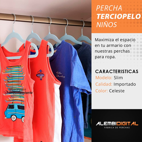 Percha Felpa Terciopelo Antideslizantes Niños X 50 Celeste