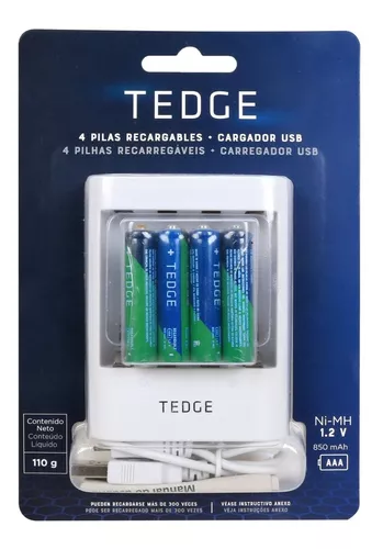 4 Pilas Aaa Recargables Tedge + Cargador Para Pilas Aa Y Aaa