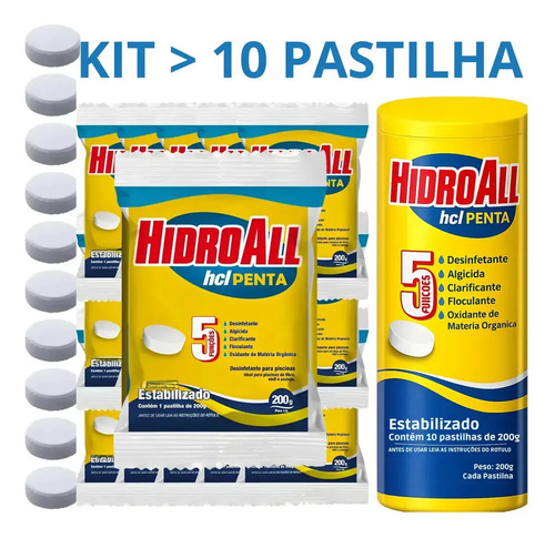 Kit 10 Tabletes Pastilha Penta 5x1 Hidroall 200gr Piscina