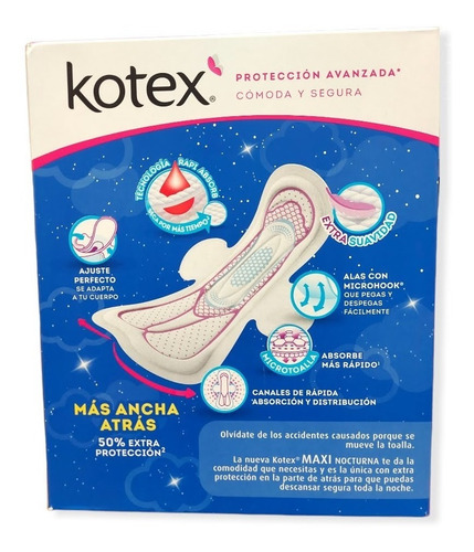 Toalla Femenina Pantiprotector Kotex Nocturna Con Alas 50pzs