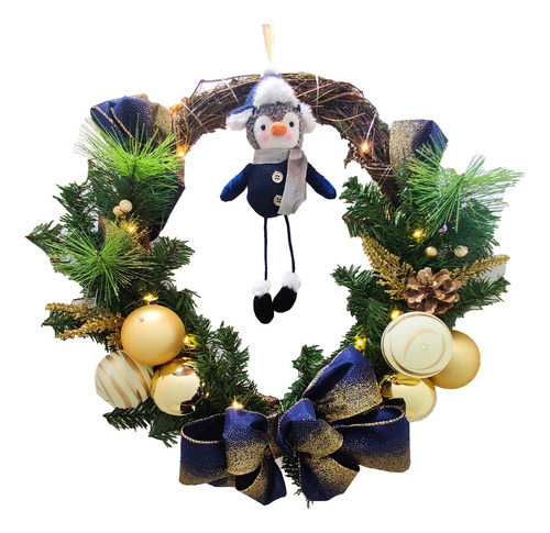 Corona Decorativa Navidad Con Esferas, Moño, Muñeco Y Luces