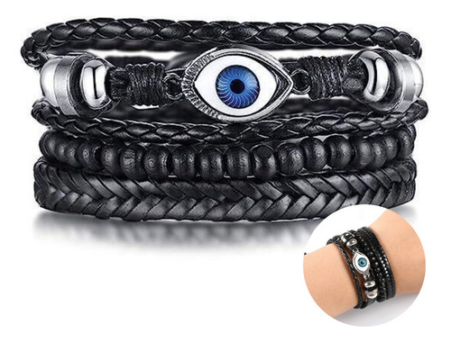 Conjunto Pulsera Brazalete Unisex Cuero 3 En 1 Dije Ojo