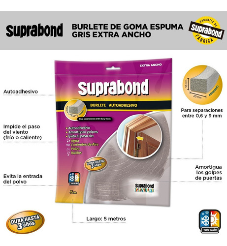 Imagen 2 de 6 de Burlete Suprabond Goma Espuma Extra Ancho 5 Metros Gris