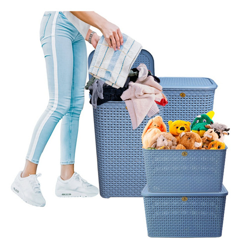 Paquete 4 Cestos Canastas Organizadores Con Tapa Ropa Color Azul Acero Liso