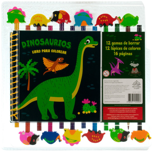 Libro para colorear Dinosaurios con 12 lápices 12 gomas, de Varios autores. Editorial Advanced Marketing en español, 2022