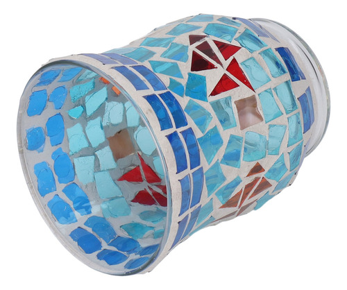 Portavelas En Mosaico De Vidrio Azul Hecho A Mano De Estilo