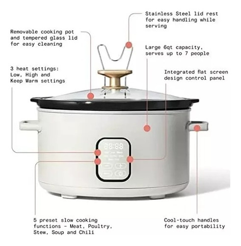 Olla Lento Cocimiento Electrica Beautiful 6qts 5.7lts Blanco Nevado 50hz