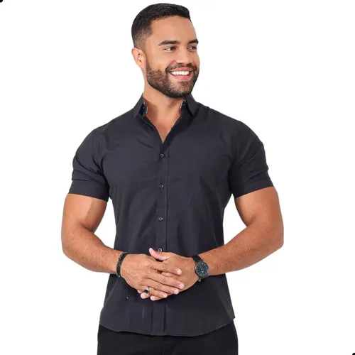 Camisa Social Masculina Manga Curta Slim Gola Italiana Lisa - R$ 52,9