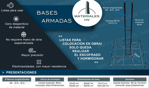 Armadura Base Hierro 12mm Zapata 50x50cm + Tronco 80cm