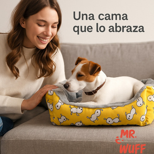 Cama Para Perro Gato Rectangular Acolchonada Mr Wuff Tallas Amarillo Con Gris 55x45