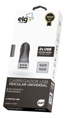 Imagem 2 de 3 de Carregador Veicular ELG 2 Saídas Usb De 1a E 2.4a Cc2spt