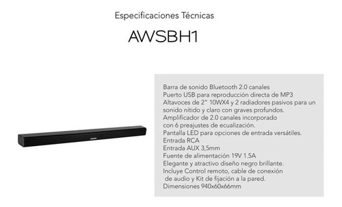 Imagen 2 de 2 de Barra De Sonido Sound Bar Aiwa Awsbh1 Somos Tienda Física