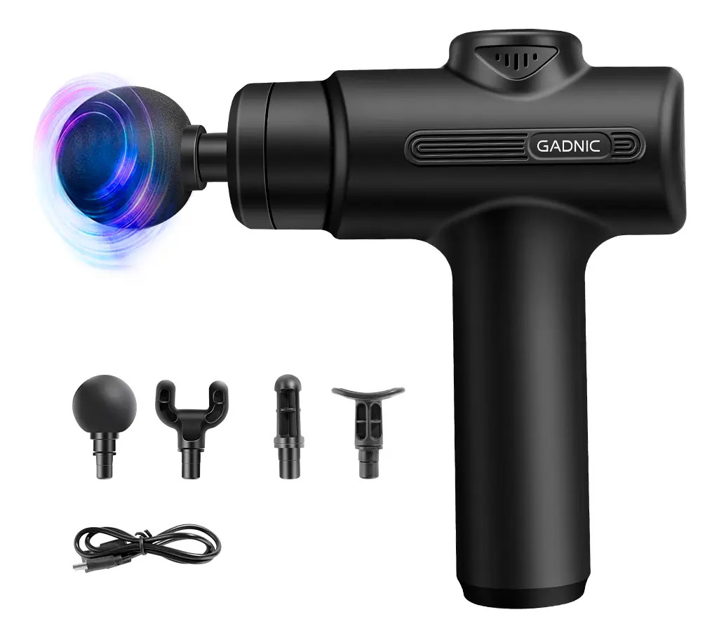 Pistola Masajeadora Gadnic Recargable USB C 6 Niveles 1500mAh 4 Cabezales Motor Silencioso Recovery