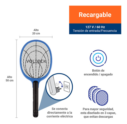 Raqueta mata moscas y mosquitos, recargable, Volteck RAQ-35
