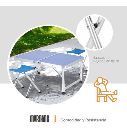 Mesa Plegable Portafolio 90cm Con 2 Sillas Portátiles Jardin Azul