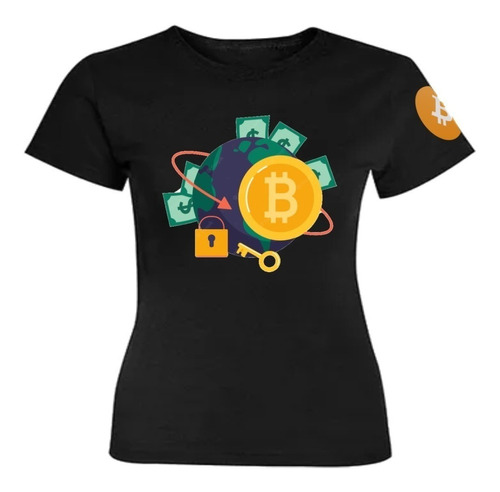 Polera M Bitcoin 45 Negro Btc Manga Izquierda