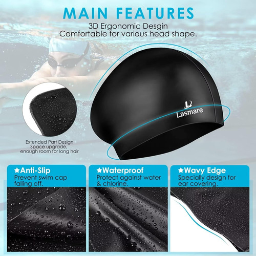 Gorro De Natación Lasmare P/ Pelo Largo, De Silicona, Negro
