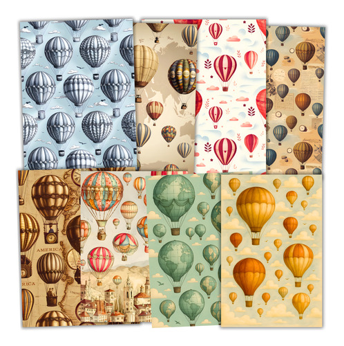 Papeles Vintage Para Scrapbook Journaling Envolver Globo X8 Dorado Oscuro Globo Aerostático Vintage