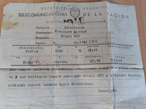 Antiguo Telegrama Colacionado Desalojo Año 1955 Mas Tarjeta (Usado)