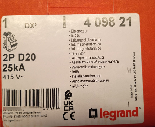 Interruptor Automatico 2p 20a Curva D 25ka Ref 409821 Legran