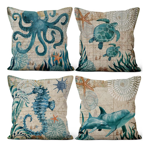4 Pcs/set Ocean Pillow Covers Coastal Blue Turtle Seaho...