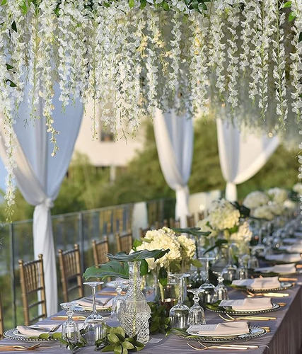 Flores Artificial Wisteria 36pzs 1.1m Decoración Fiesta Boda Color Blanco ,Guirnaldas de Flores Artificiales de Glicina,Flor de Plastico Artificial para Hogar, Boda, Fiesta, Jardín, columpios