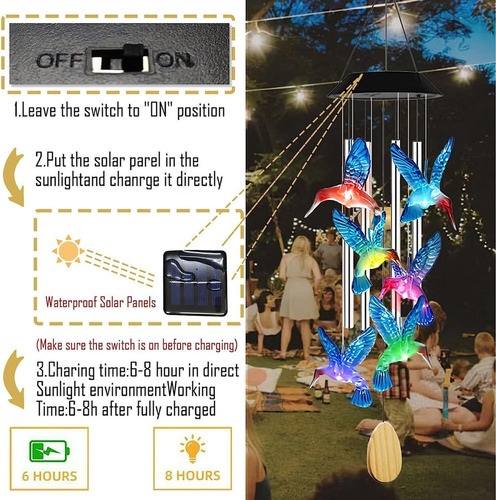Campanilla De Viento Solar Led Colibr Para Decoración De Jar