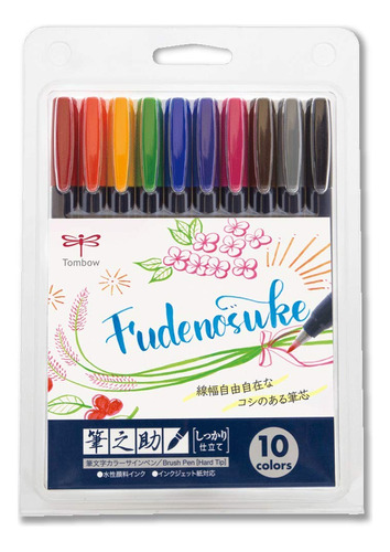 Tombow Fudenosuke Brush Pen - Duro - Juego De 10 Colores (ws
