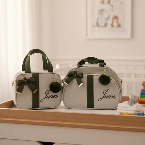 Bolsas Maternidade Média E Pequena Personalizada Com Nome Bege Com Verde Musico