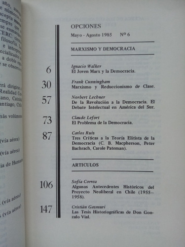 Marxismo Y Democracia. Rev. Opciones. Walker, Lechner, Otros