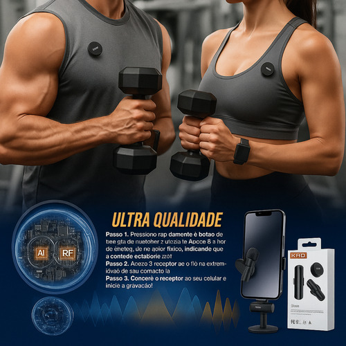 Microfone Lapela Redondo Imã Sem Fio Preto Duplo Anti Ruído