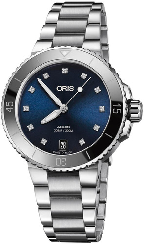 Reloj Oris Aquis 73377314195 Diamantes Automático Para Dama Color de la correa Plateado Color del bisel Plateado Color del fondo Azul