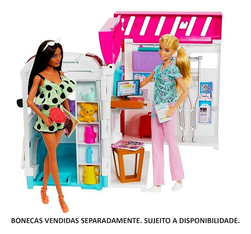 Conjunto Grande Veículo Ambulância Hospital Móvel Da Boneca Barbie Sirene Emite Luz E Som Com Acessórios Mattel Brinquedos HKT79