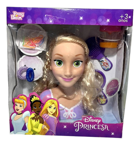 Cabeça Busto Boneca Menina Princesa Rapunzel Cabelos Para Pentear E Arrumar Com Acessórios - Profissões Quero Ser Cabeleireira - Personagem Filme Enrolados Licenciado Disney - Novabrink Brinquedos