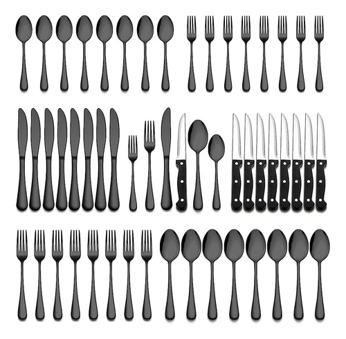 Wildone 48-piece Black Flatware Set Con Cuchillos De Carne, 