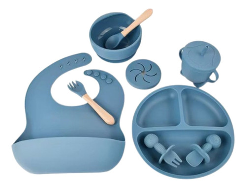 Kit 8 Alimentação Bebê Silicone Prato Babador Alimentar Cor Azul