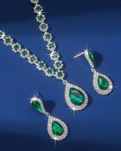 Set Collar + Aretes Joyeria Elegante Boda Fiesta Verde Mod 2