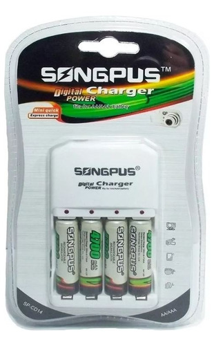 Cargador De Pilas Songpus + 4 Pilas 4700 Mah Soporta Aa Aaa