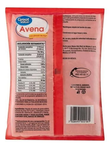 Avena Con Sémola Great Value 610 G