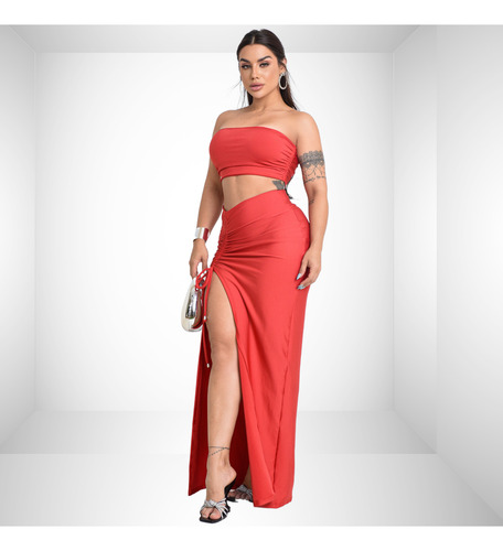 Top Faixa -cropped Tomara Que Caia E Saia Longa Colada Fenda