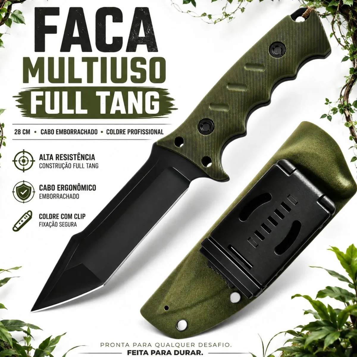 Faca Tática Multiuso 28 cm Verde com Cabo Emborrachado, Lâmina Full Tang de Alta Resistência e Coldre Profissional com Clip – Ideal para Camping, Trilhas, Pesca, Sobrevivência e Av