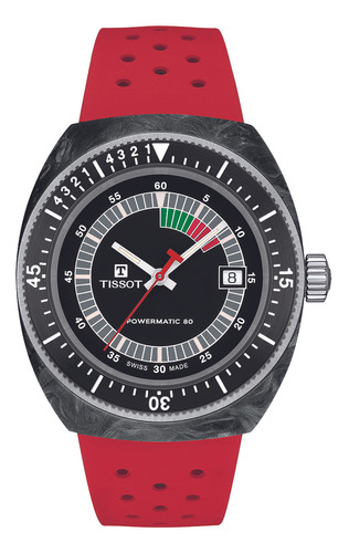 Relógio unissex Tissot T145.407.97.057.02 Sideral Powermatic 80, cor da pulseira vermelha, cor de fundo prateada, cor de fundo preta