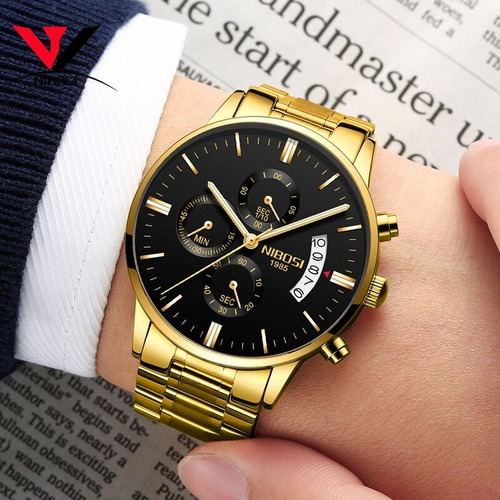 Reloj De Lujo Para Hombres Nibosi Dorado Impermeable