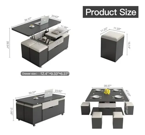 Mesa De Centro Multifuncional Gris Oscuro Con 4 Taburetes, 3