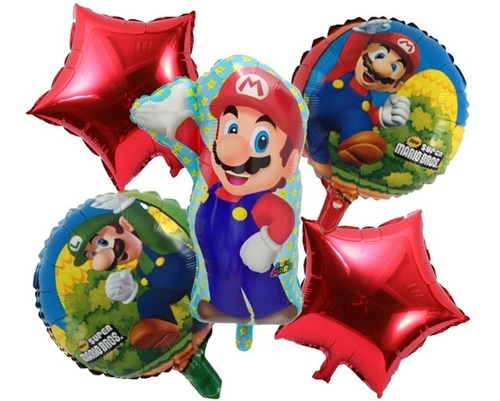 Pack 5 Globos Metalizado Super Mario Bros Aire O Helio