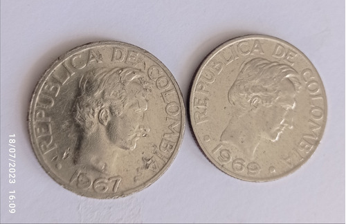 2 Monedas Colombia 50 Centavos 1967-1969 Grandes