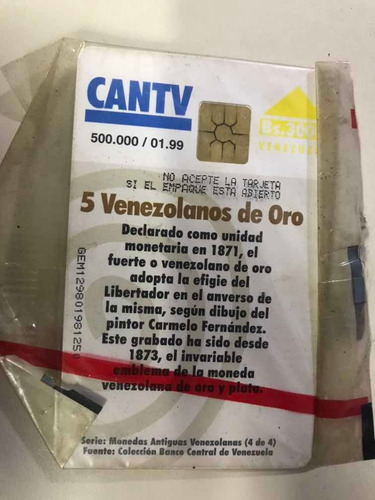 Imagen 2 de 2 de Tarjeta Telefonica Cantv Coleccion 5 Venezolanos De Oro Mone